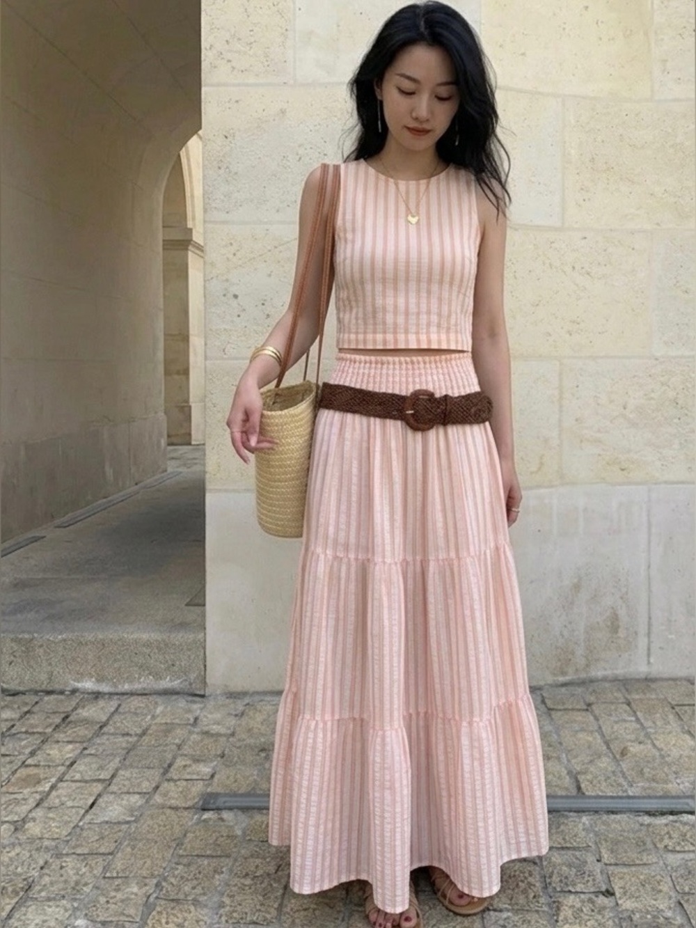 🌅 Marine Layer Pink Orange Striped Cotton Gauze Smocked Maxi Skirt Size S